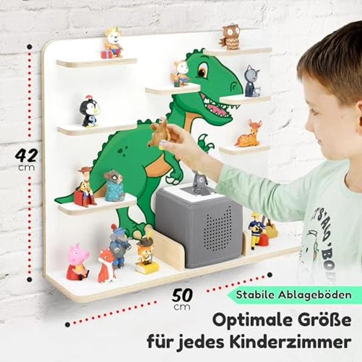 stadtecken Holzregal für Musikbox I Geeignet für die Toniebox und ca. 50 Tonies I Perfekte Tonie Aufbewahrung im Kinderzimmer I Zum Aufstellen oder Aufhängen (T-Rex, Groß) – Bild 3
