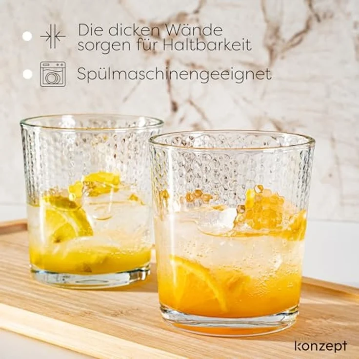 KONZEPT Gläser-Set Transparente Trinkgläser Set 365 ml 6 Stk. Stapelbar, 6-tlg, 6-teilig, Strukturierte Gläser Ideal für Wasser, Saft, Milch – Bild 2