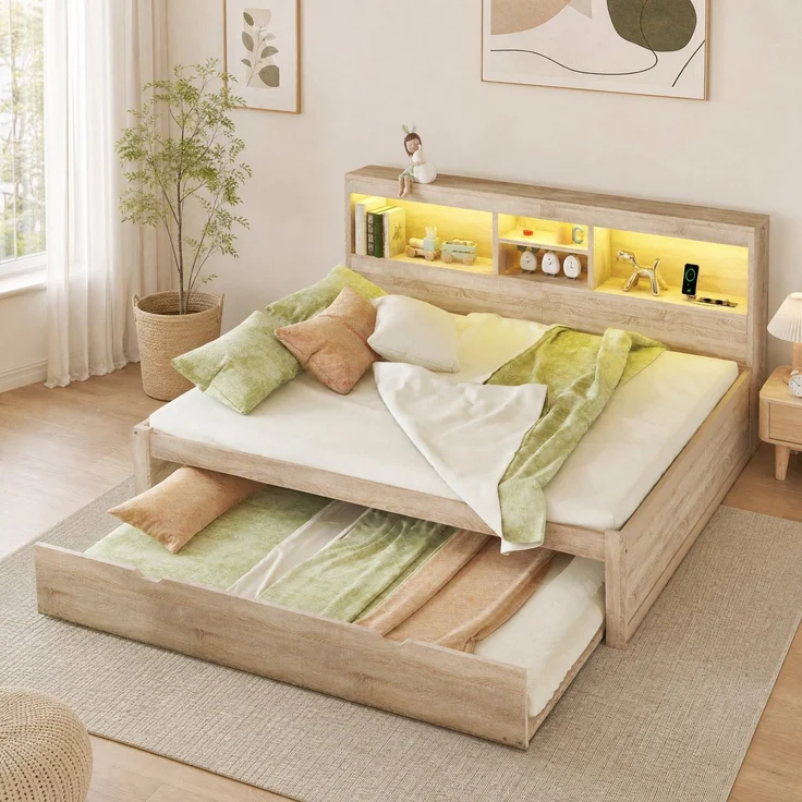 CHICFURN Bett aus Spanplatte und MDF Natur 140x200 cm mit Ausziehbett und LED-Beleuchtung – Bild 1