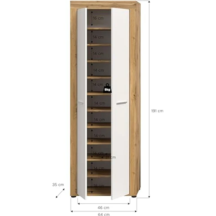 xonox. home Garderobe Jam X8BK6613 Schuhschrank Garderobenschrank Schrank in Wotan Eiche Nb, weiß. ca. 64 x 191 x 35 cm – Bild 4