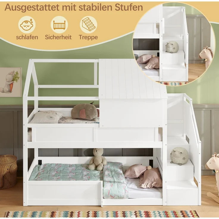 Etagenbett 80×200 cm mit Rausfallschutz und Treppe, Massivholz, Weiß, ohne Matratze – Bild 6
