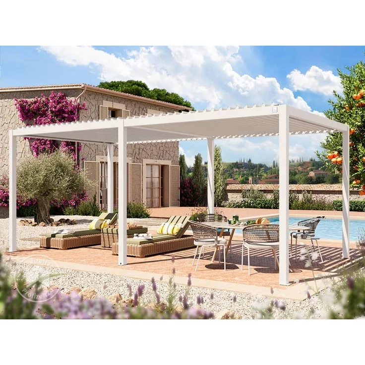PRIMEYARD Pergola 3x6 m Aluminium-Pfosten mit Lamellendach aus Stahl weiße Terrassenüberdachung – Bild 2