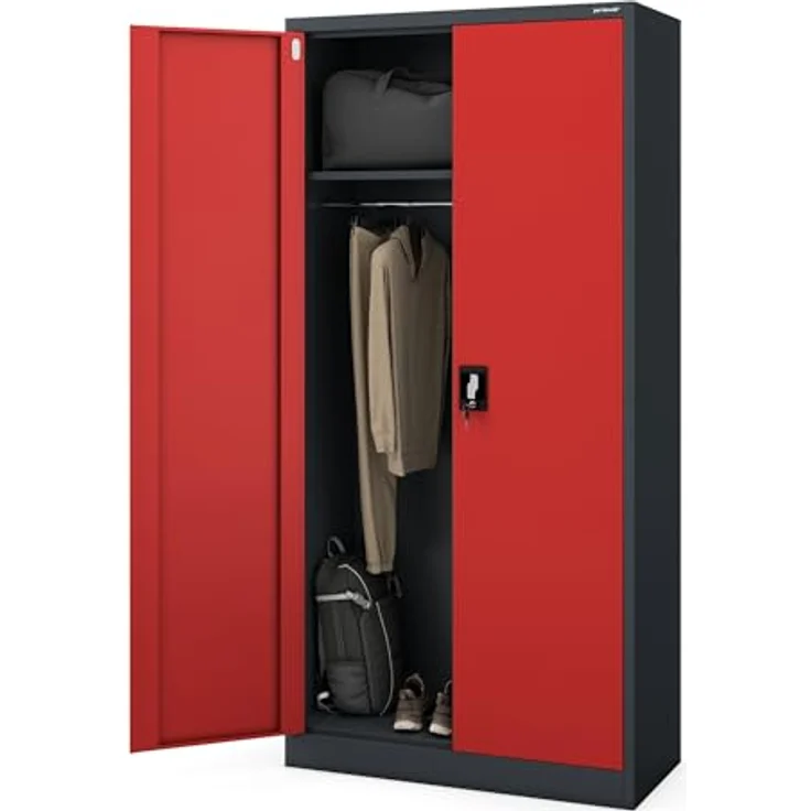 Jan Nowak Metallschrank 185 x 90 x 45 cm | Aktenschrank Abschließbar mit Kleiderstange, Pulverbeschichtung | Aufbewahrungsschrank Umkleideschrank Spind Kleiderstange | Anthrazit-Rot – Bild 3
