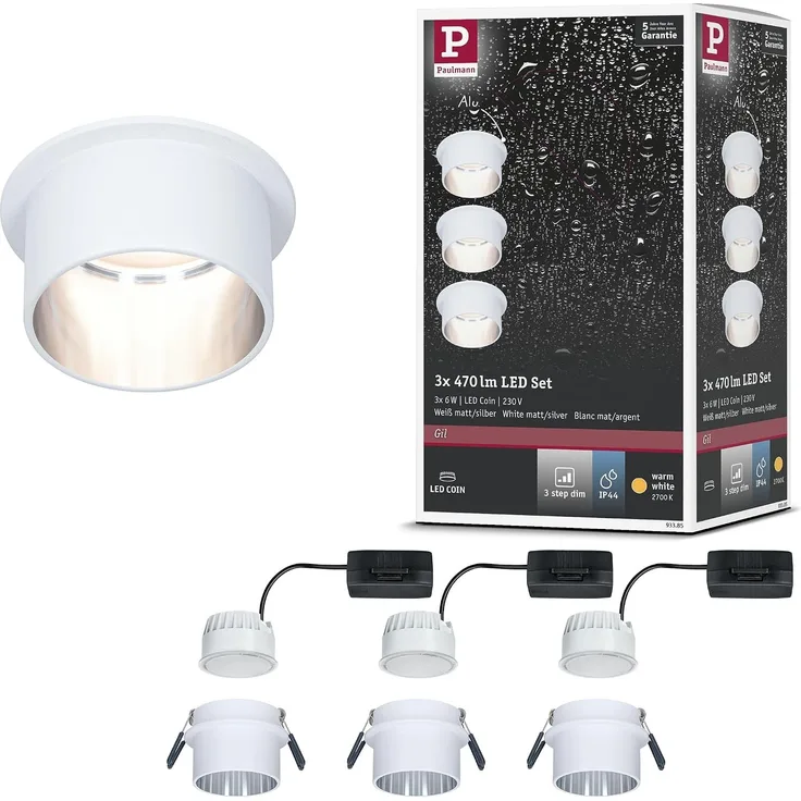 Paulmann No. 93385 LED Einbauleuchten Set Gil 6W IP44 2700K Weiß Eisen gebürstet 3-Step dimmbar