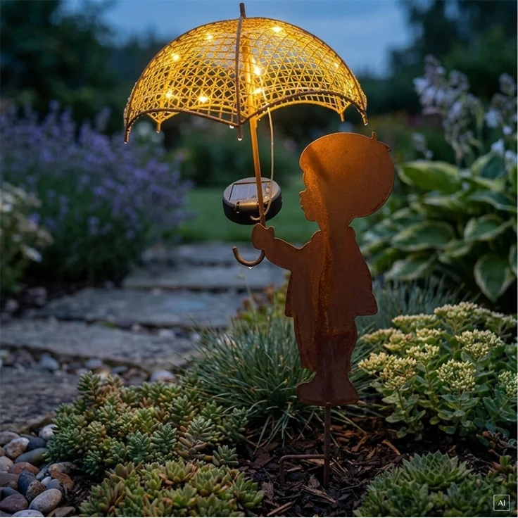 abc HOME LED Gartenleuchte Mädchen, Junge mit Regenschirm, LEDs, Solarpanel, Lichtsensor, Zwei Varianten: Junge und Mädchen – Bild 1