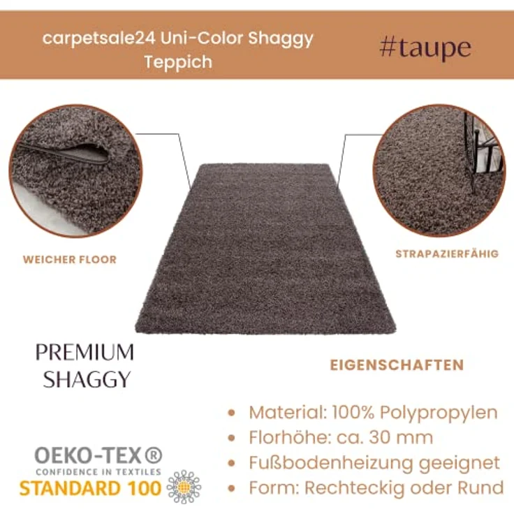 Carpetsale24 Shaggy Hochflor Teppich 60x110 cm Taupe weich flauschig modern einfarbig Für Flur oder kleine Räume für Wohnzimmer Schlafzimmer Flur – Bild 3