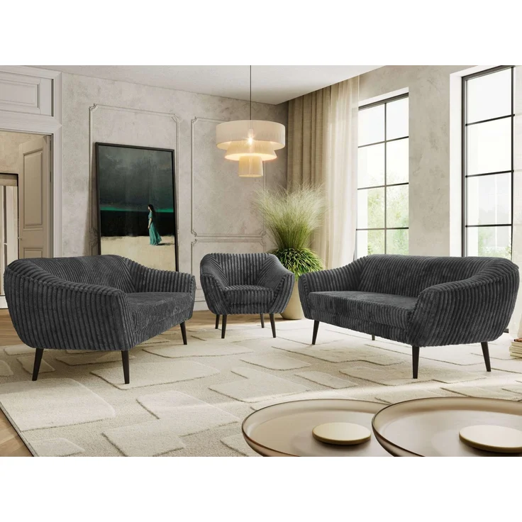 Wohnzimmerset, Möbelset PIRS 3-3-1, Armlehnen, Wellenfederung, schwarze Füße, Dreisitzer Sofas mit Sessel, Polstermöbel Set - Grau Cord – Bild 1