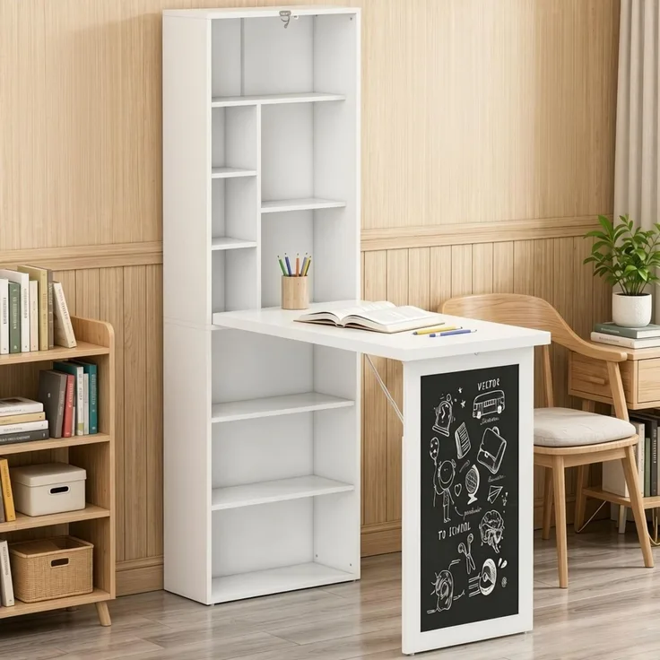 Klappbarer Schreibtisch 98x51x153 cm mit 9 Regalfächern und Schreibtafel