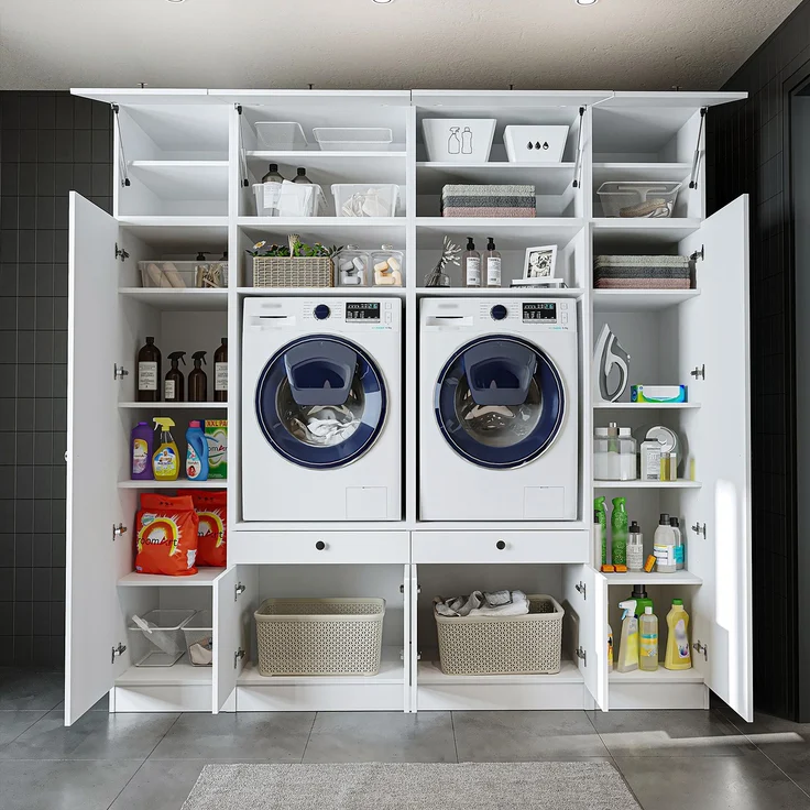 Roomart Waschmaschinenumbauschrank & Schrankwand für Waschküche - SERIE 1 - | 224 cm breit | Waschmaschine & Trockner | Mit Ausziehbrett | Hauswirtschaftsraum Möbel • Weiß – Bild 4