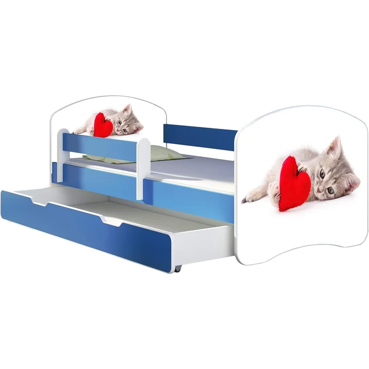 ACMA Kinderbett Jugendbett mit Einer Schublade und Matratze Blau mit Rausfallschutz Lattenrost II 140x70 160x80 180x80 (40 Katze mit Herz, 180x80 + Bettkasten) – Bild 1