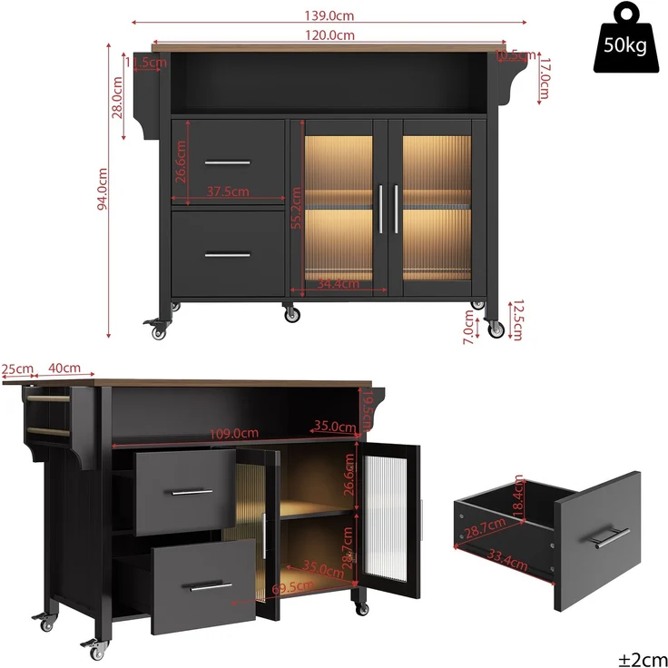 U-life Kücheninsel 139x40x94 cm, Servierwagen mit ausklappbarer Tischplatte, Glasvitrine, LED-Beleuchtung und Rollen, Schwarz – Bild 10