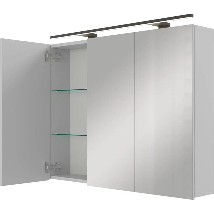 Planetmöbel ARIA Spiegelschrank Bad mit Beleuchtung 90 cm breit | Badschrank hängend mit Spiegel | Weiß Grau, mit Leuchte und Steckdose, Spiegelschrank Gäste WC 90 x 70 x 16 cm – Bild 1