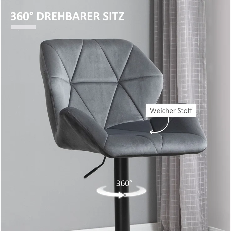 Barhocker 2er Set, Gepolsterter Barstuhl mit Metallgestell, Lehne, Samtoptik, Höhenverstellbar 360° Drehbar--Grau--117x57x58cm--YOUDENOVA – Bild 9
