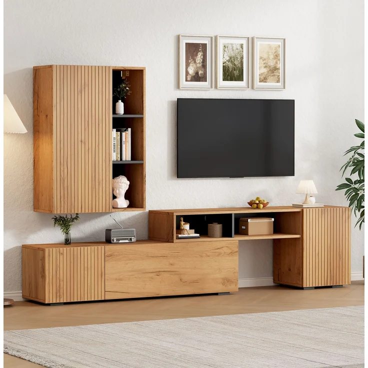 DESVIAE TV-Schrank-Set mit Wandschrank, 174-265x53,5x35 cm, Spanplatte, Eiche/Schwarz, 4 Türen – Bild 3