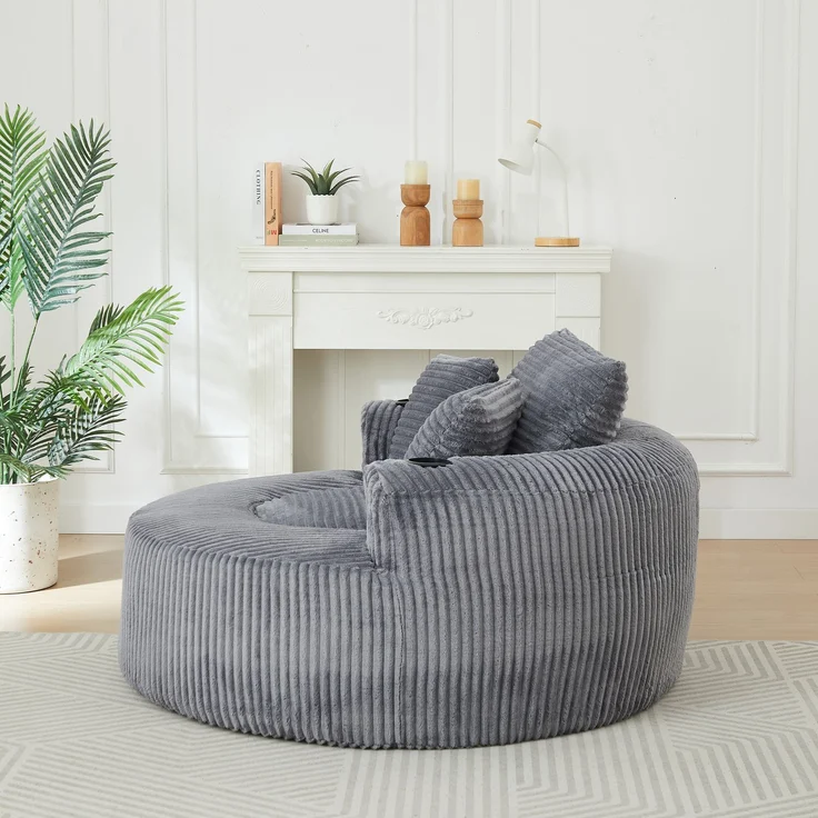 Rundes Loungesofa aus Cord, Einzelsitz Sitzsack Liegestuhl mit 3 Kissen, 2 Getränkehaltern, Seitenaufbewahrung, Rutschfest, Bequemes Relaxsofa für Wohnzimmer Schlafzimmer--Herde--146x29x32cm--YOUDENOVA – Bild 4