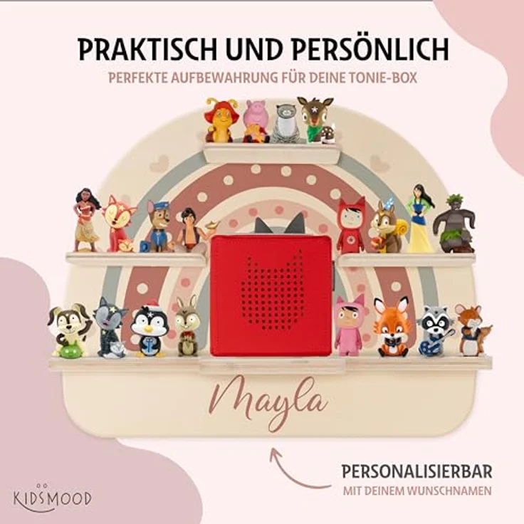 KIDSMOOD - Personalisiertes Tonie Regal für Kinderzimmer | Regenbogen Wand-Regal mit genügend Platz für Tonie-Hör-Figuren, Aussparung für Tonie-Musikbox & Kabelmanagement, Tonie Regal Mädchen & Jungen – Bild 8