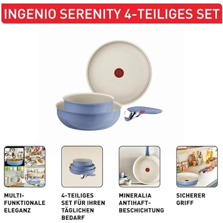 Tefal Ingenio Serenity Kochgeschirr-Set 4-teilig, Mineralia Antihaftversiegelung, platzsparend, stapelbar, für alle Herdarten, spülmaschinengeeignet, Blue Salt, L8294S04 – Bild 4