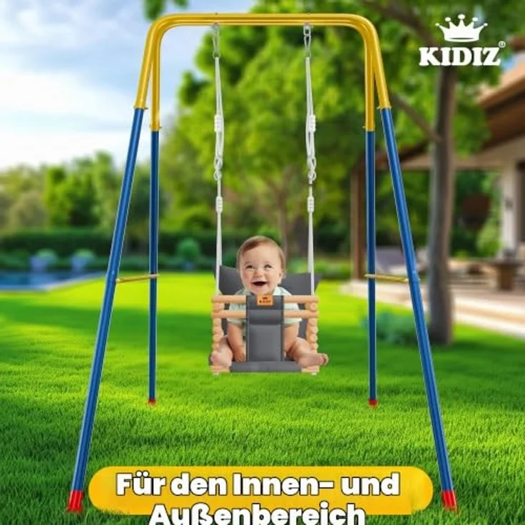 KIDIZ® Babyschaukel Kinderschaukel Schaukelsitz mit Polsterung | Holz-Schaukel mit Anti-Kipp bis 60KG | Höhenverstellbar Indoor & Outdoor | 0,5 - 3 Jahre | Montagezubehör & Sicherheitsgurt Anthrazit – Bild 4