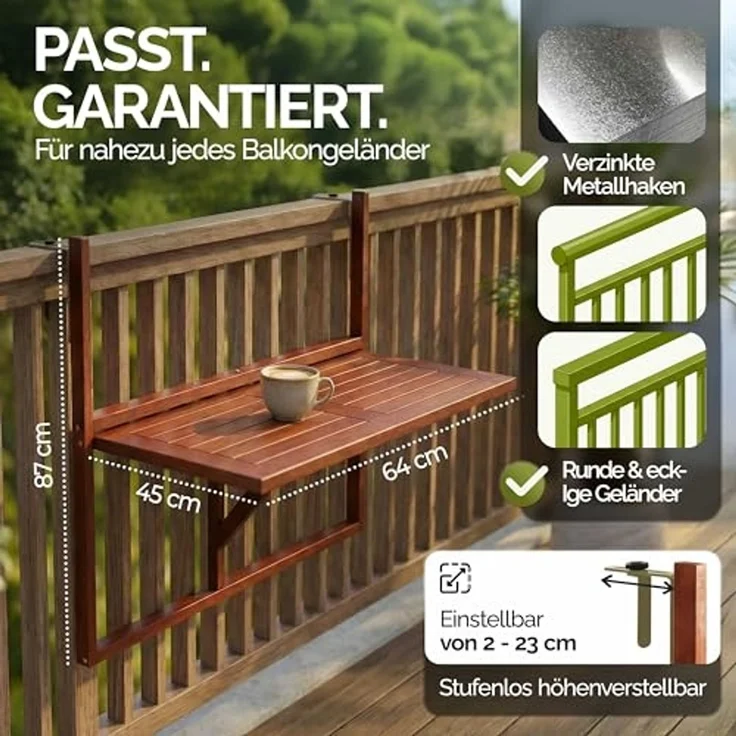 Casaria Balkontisch Balkonhängetisch Balkon Tisch klappbar Akazie Holz – Bild 3