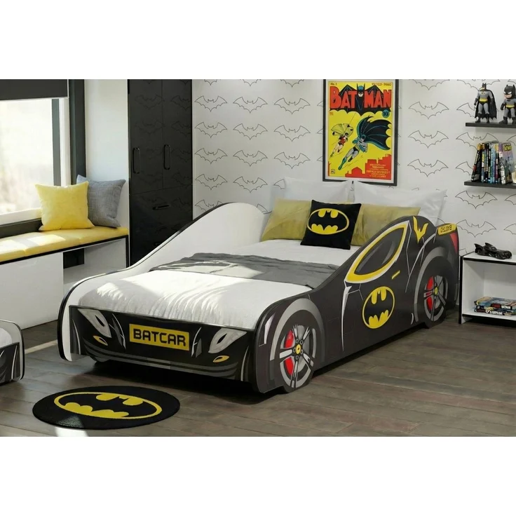 Kids Collective Autobett 70x140 und 80x160 cm Kinderbett Jugendbett mit Rausfallschutz (Spielbett Batman Batmobil Bat Car Auto), Kinderbett 70x140 cm mit Lattenrost - für Kinder ab 2 Jahren – Bild 1