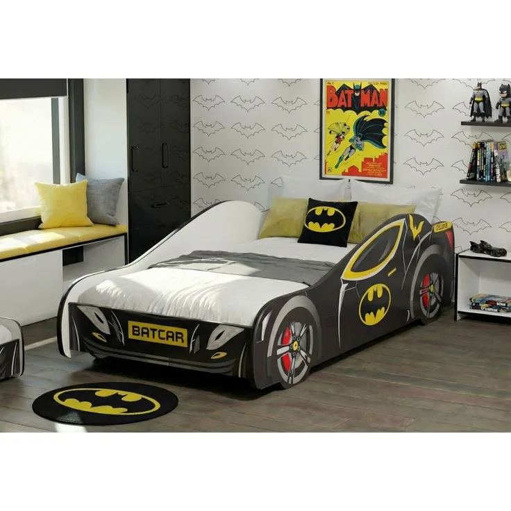 Kids Collective Autobett 70x140 und 80x160 cm Kinderbett Jugendbett mit Rausfallschutz (Spielbett Batman Batmobil Bat Car Auto), Kinderbett 70x140 cm mit Lattenrost - für Kinder ab 2 Jahren
