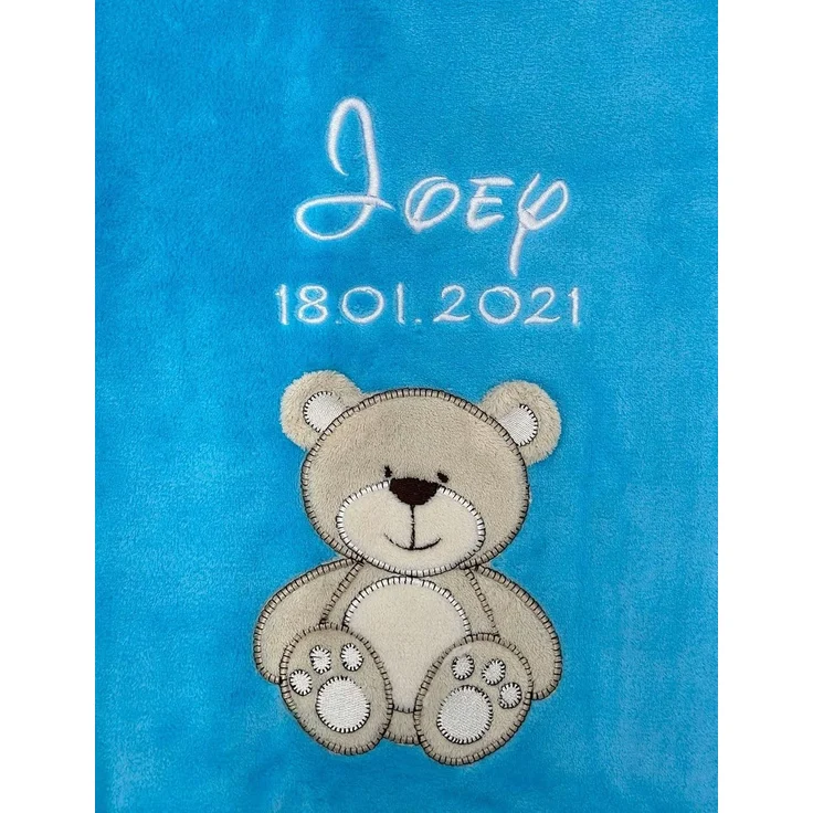 KIDDI-MEDIA Babydecke mit Name und Geburtsdatum Bestickt/kuschelig weich / 1A Qualität (Türkis - Bär)