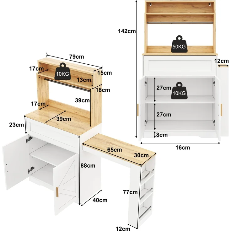 Küchenschrank 144 x 40 x 142 cm in Weiß mit ausziehbarer Arbeitsplatte und Seitenregal – Bild 7