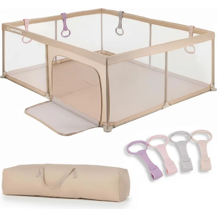 sun baby Laufstall mit rosa Griffen 150x200 cm 0-2 Jahre Beige, Polyester, Netzwände, Eingang mit Reißverschluss, rutschfeste Füße, Tragetasche im Set, Metallrahmen