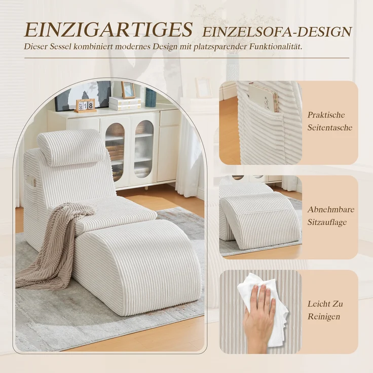 LVHOM Relaxsessel Ergonomisches Design, Lesesessel mit verstellbarer Kopfkissen und Sitzkissen, Fernsehsessel mit Seitentasche, Cord Bezug, bis 200kg belastbar – Bild 4