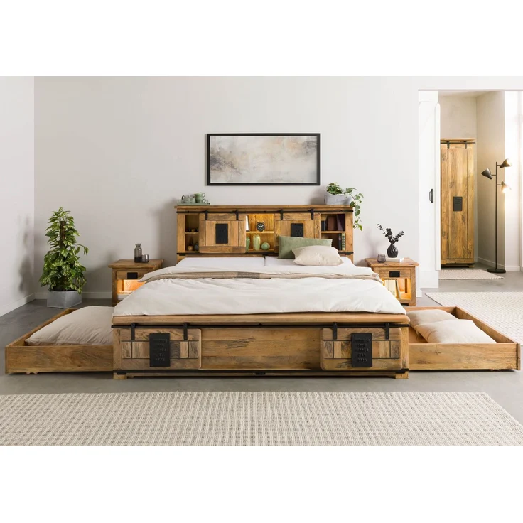 Bett mit Schublade Mango / Altholz 200x200 natur lackiert RAILWAY LUX #110 – Bild 4