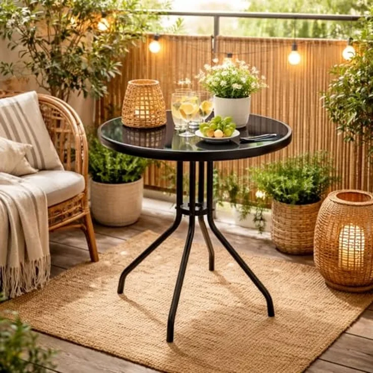 Gartentisch Bistrotisch Rund Ø60xH70cm Glas/Metall schwarz Balkontisch