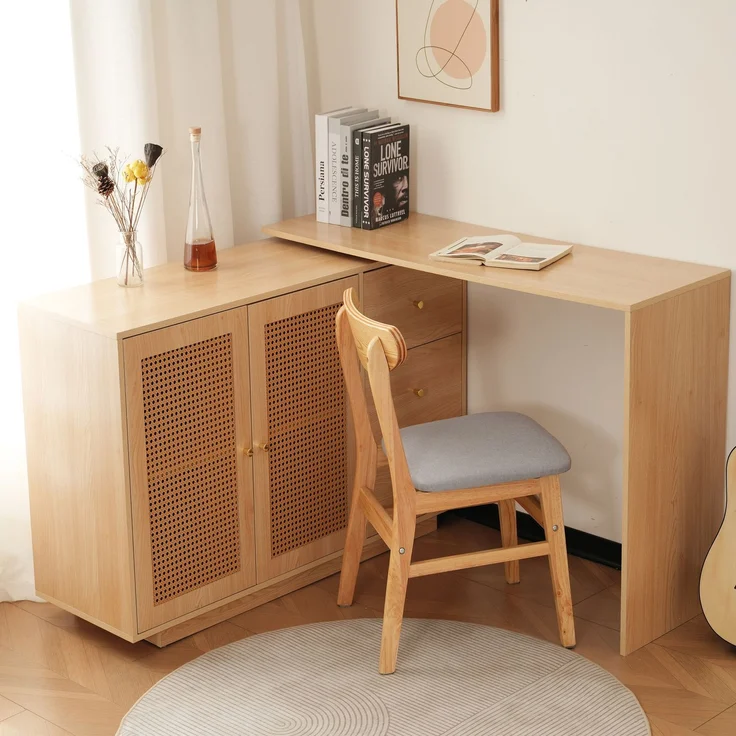 Schreibtisch mit 360°-Schwenkfunktion, MDF in Naturholzfarbe mit Rattan-Optik und Stauraum,75x126x40 cm – Bild 3