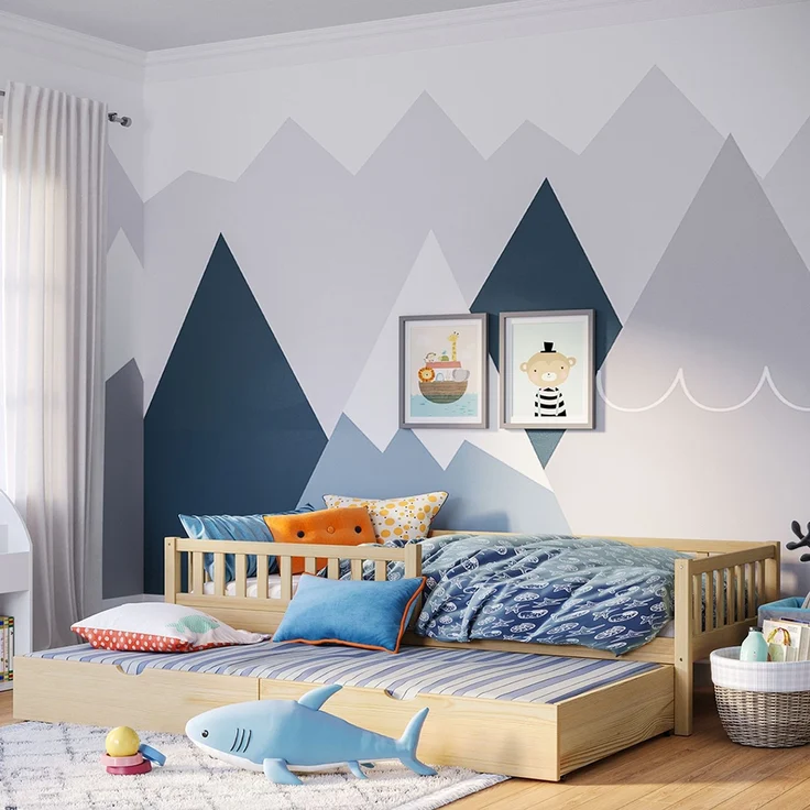Bellabino 'Vils' Kinderbett 90x200 cm mit Gästebett 90x190 cm, natur, Kiefer Massivholz, Montessori Bett mit Ausziehbett, mit abnehmbarem Rausfallschutz und Lattenrost – Bild 1