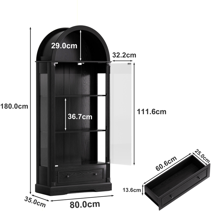 180cm hohe Vitrine in Bogenform, Küchenschrank mit Glastüren, ausgestattet mit LED-Lichtleisten und Schubladen; Vitrine im modernen Landhausstil, geeignet für Wohnzimmer, Küche und Esszimmer, Schwarz--Schwarz--80x35x180cm--YOUDENOVA – Bild 7