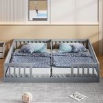 Bett 90x200 cm (2x 90x200) mit Sicherheitsgitter aus Kiefer – platzsparendes Kinderzimmer-Set in Grau