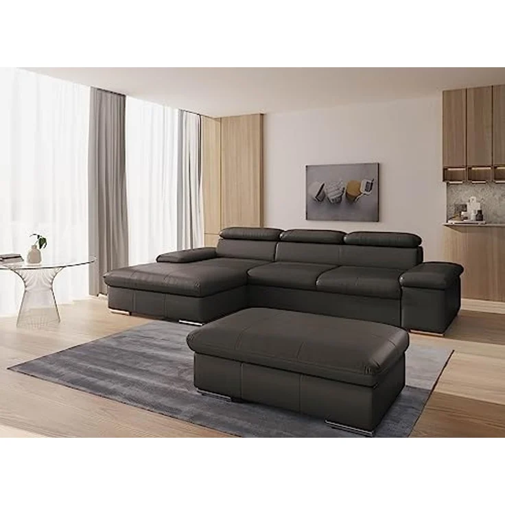 CAVADORE Echtleder-Schlafcouch Valerie mit XL-Longchair / Ecksofa mit Bettfunktion, Kopfteilverstellung + großem Longchair / 286 x 73 x 174 / Leder Dunkelbraun – Bild 2