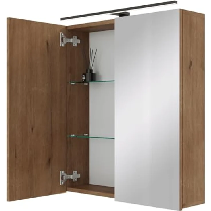 Planetmöbel ARIA Spiegelschrank Bad mit Beleuchtung 60 cm breit | Badschrank hängend mit Spiegel | Gold Eiche, mit Leuchte und Steckdose, Spiegelschrank Gäste WC 60 x 70 x 16 cm – Bild 2