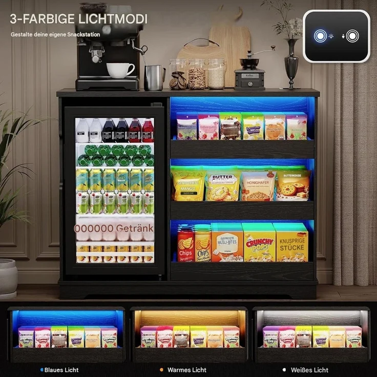 Snackschrank 100x43.5x83 cm mit 92L Kühlschrank, LED-Beleuchtung und Stauraum, Schwarz – Bild 6