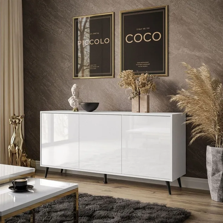 ALLHOUSE24 Kommode MANDY Dreitürige Kommode in Hochglanz Sideboard Kaschmir Weiß (1x Kommode), Breite: 154 cm
