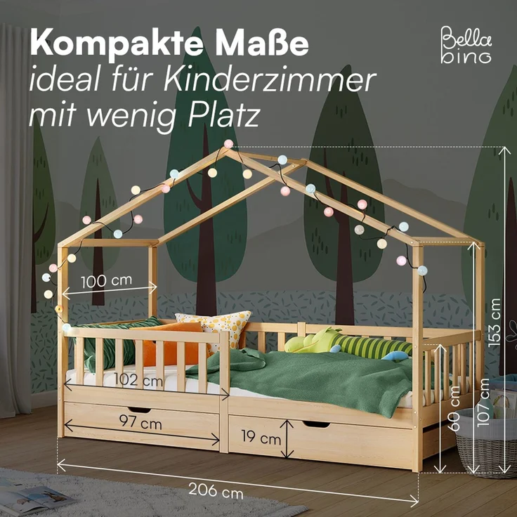 Bellabino 'Bia' Hausbett 90x200 cm mit Matratze und 2 Schubladen, natur, Kiefer Massivholz, Montessori Kinderbett mit Stauraum, inkl. Rausfallschutz und Lattenrost – Bild 9