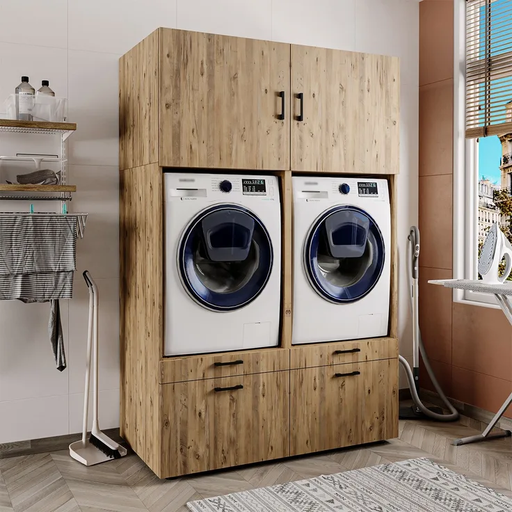 Roomart Waschmaschinenschrank Doppelschrank - SERIE 2 – 134 cm breit, Überbauschrank für Waschküche & Hauswirtschaftsraum– mit Ausziehbrett – • Eiche