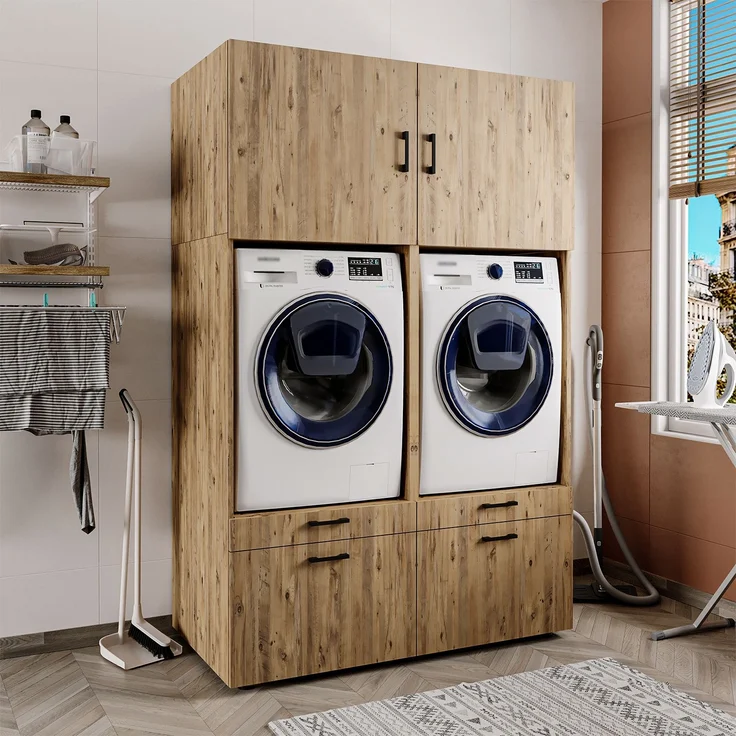 Roomart Waschmaschinenschrank Doppelschrank - SERIE 2 – 134 cm breit, Überbauschrank für Waschküche & Hauswirtschaftsraum– mit Ausziehbrett – • Eiche – Bild 1