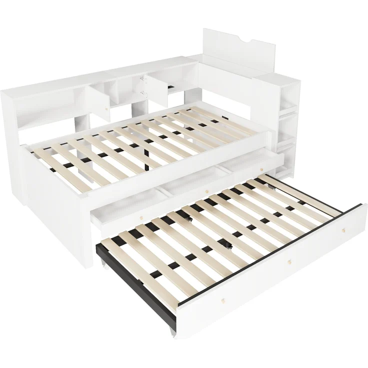 90x200 cm Holzbett mit USB-Ladeanschluss, 3 Schubladen und ausziehbarem Gästebett, Stauraumbett – Bild 9