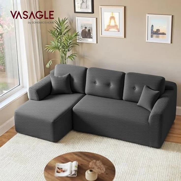 VASAGLE Ecksofa, modulares Sofa 244 cm breit, vakuumverpackt, Schlafsofa, Keine Montage erforderlich, mit großer Chaiselongue Links, für Wohnzimmer, Gästezimmer, schiefergrau LCS183GN01 – Bild 3