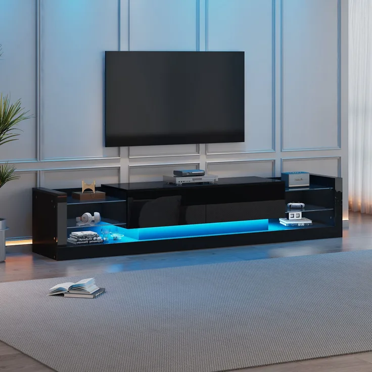 TV-Schrank, 181x38x38 cm, schwarzer Hochglanz-TV-Schrank mit LED-Beleuchtung & Glasfront