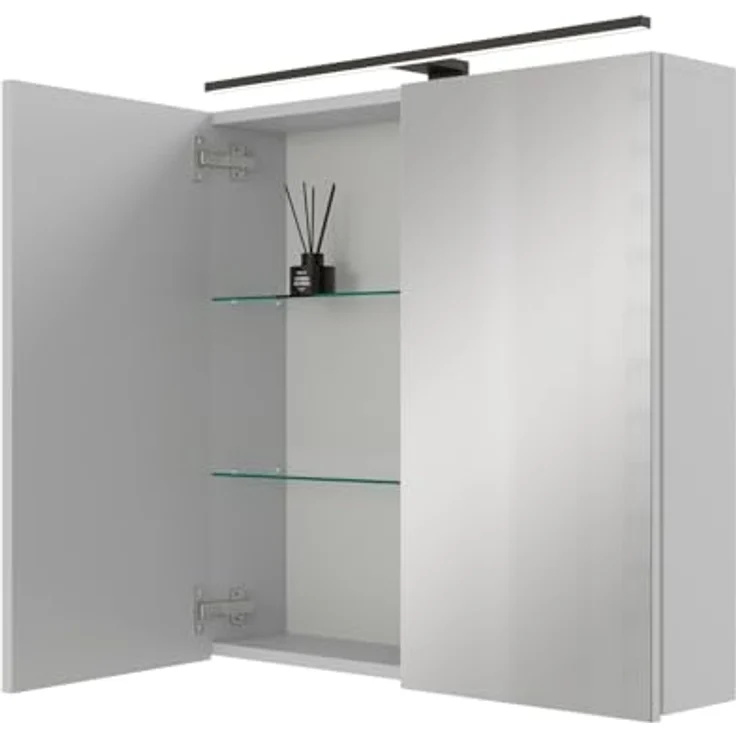 Planetmöbel ARIA Spiegelschrank Bad mit Beleuchtung 70 cm breit | Badschrank hängend mit Spiegel | Weiß Grau, mit Leuchte und Steckdose, Spiegelschrank Gäste WC 70 x 70 x 16 cm – Bild 2