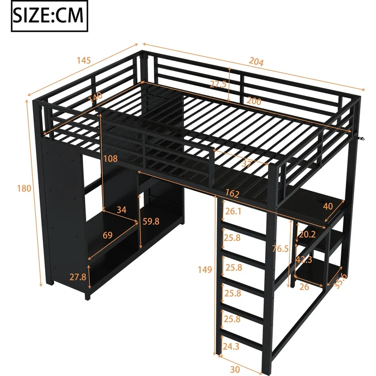 EINHOM 140 x 200 cm Metall-Gaming-Hochbett mit LED, Schreibtisch, Offenem Kleiderschrank und Ablagefächern, Schwarz (Ohne Matratze) – Bild 2