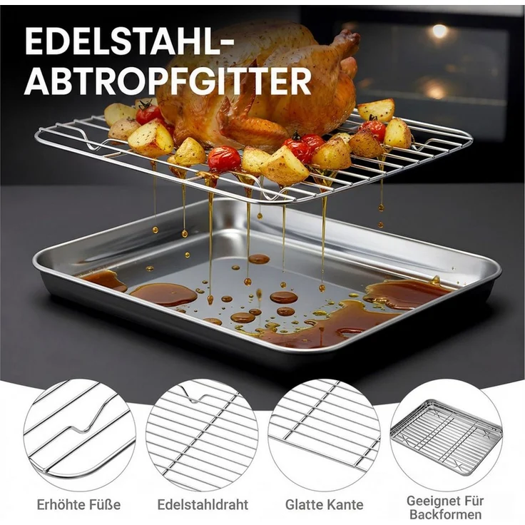 Youyijia Backblech 3er Set Edelstahl Backblech mit Rost Backofenblech – Bild 2