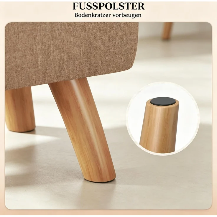 Hocker 27x27x26 cm mit gepolsterter Sitzfläche, Leinenbezug in Hellbraun – Bild 8