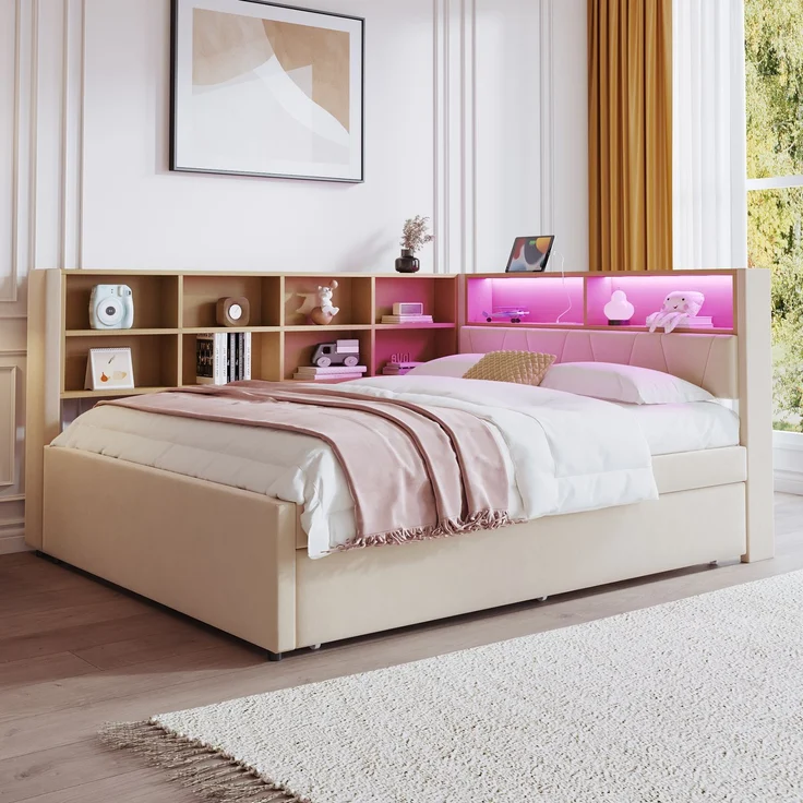 Multifunktionales Schlafsofa 140x200 cm mit Ausziehbett, LED-Leuchten, USB & Typ-C Ladeanschluss, Stauraum,Beige – Bild 2